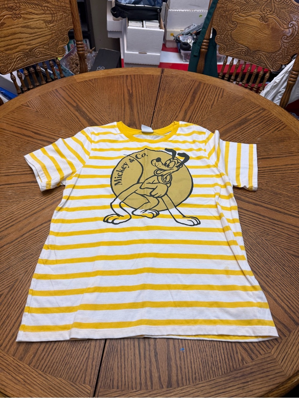 Vintage Disney White and Yellow Striped Mickey & Co. Short Sleeve Tee